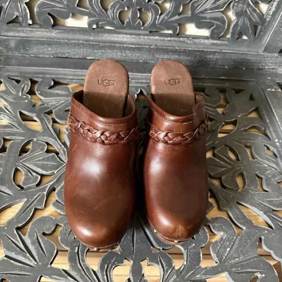 UGG Kaylee Leather Platform Clogs Brown Studded Wood Heel Braided Strap Size 7 - Picture 9 of 14